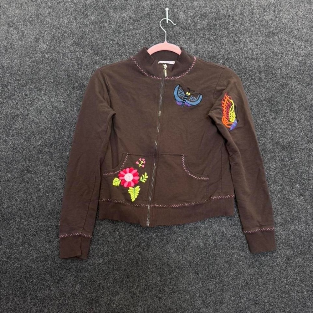Women's Small Derek Heart brown embroidered zip jacket Y2K fairy hoodie
